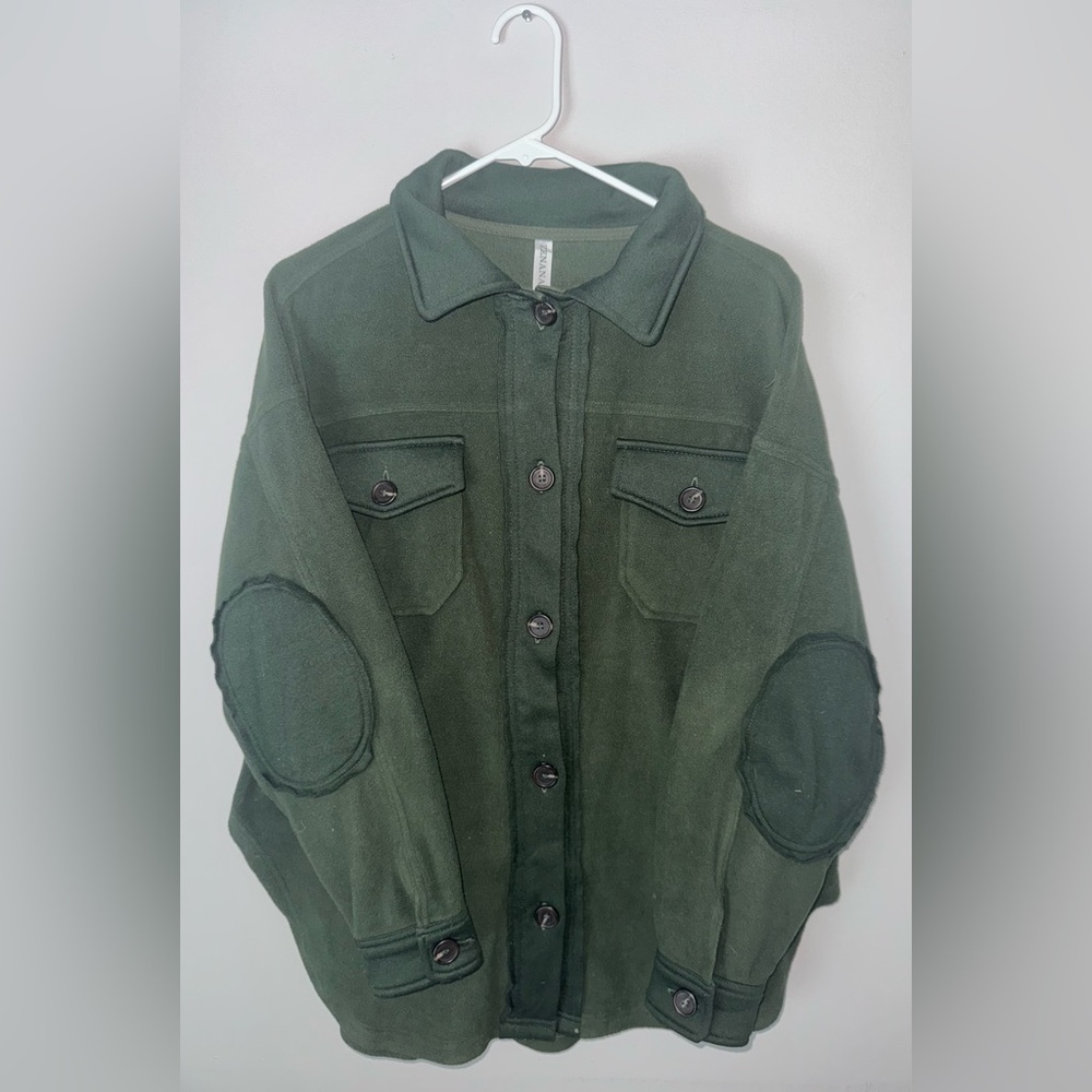 Green Button-Up Jacket with Elbow Patches